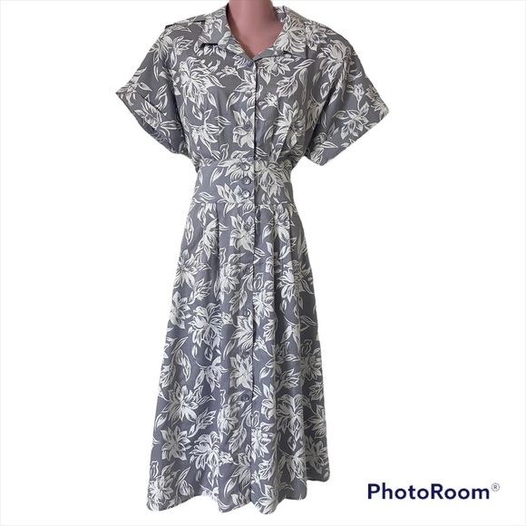 Vtg Stewart Alan 1980's Dress 14 Petite Secretary Floral Gray White NOS NWT - Picture 1 of 5